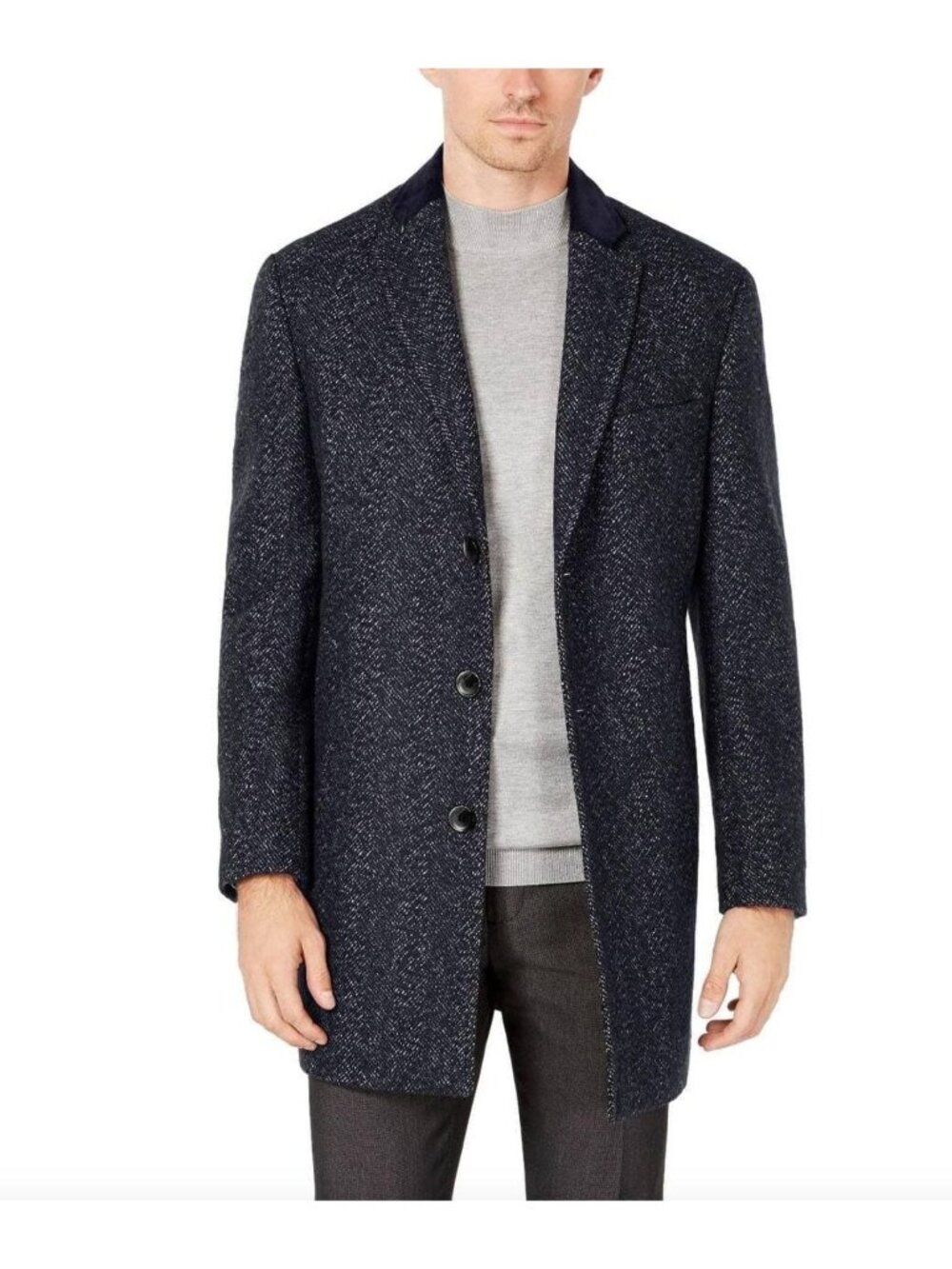 Tallia Mens Wool-Blend Slim-Fit Herringbone Overcoat Navy Blue Size L Coat